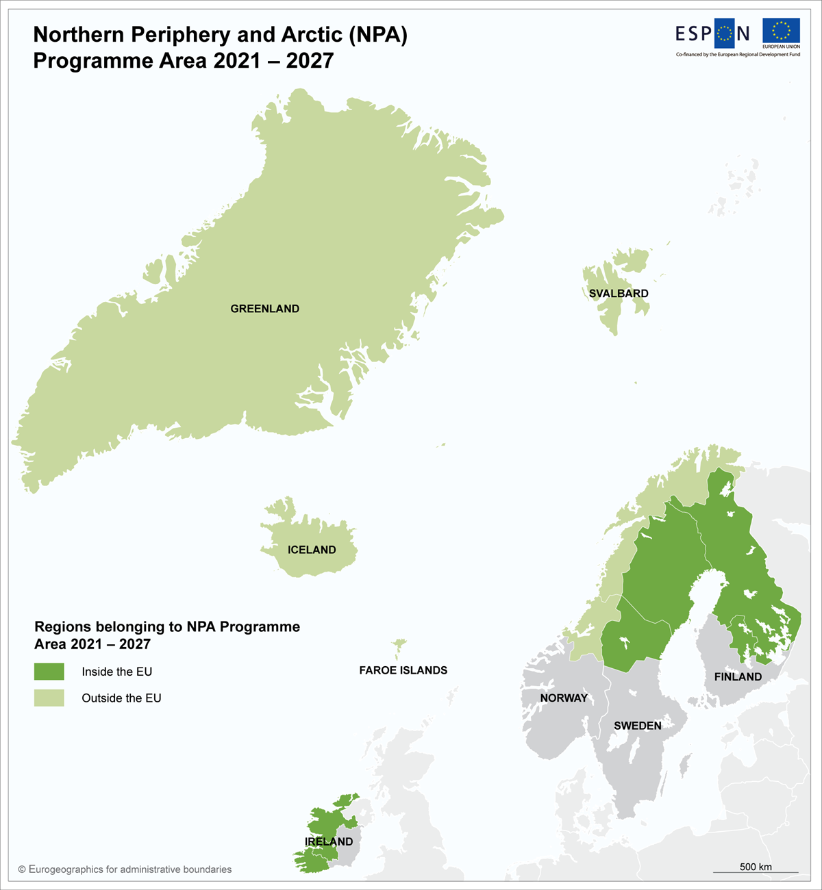 Kart over programområde for Interreg Nordlig Periferi og Arktis. - Klikk for stort bilde