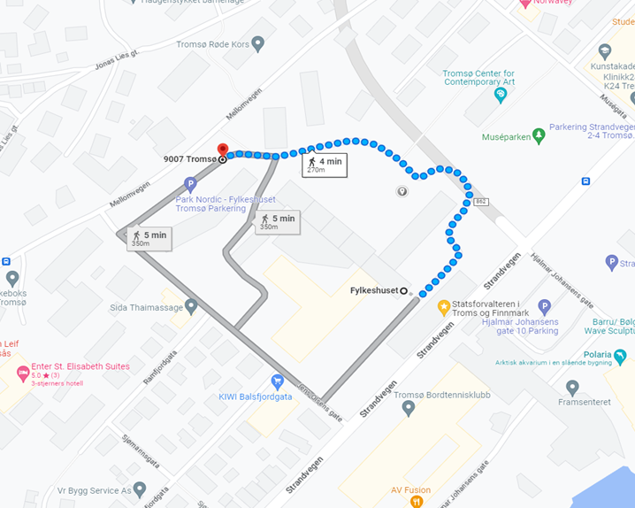Kart som viser vei til alternativ inngang Fylkesbygget i Tromsø