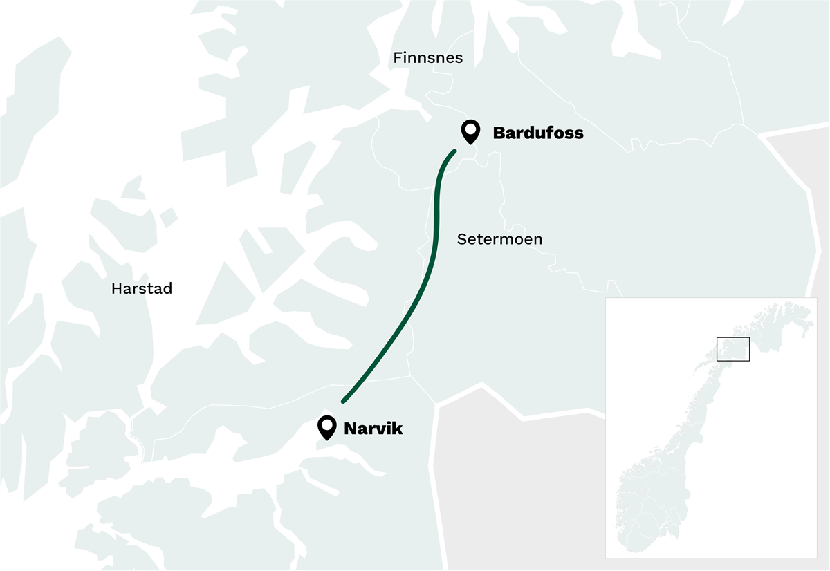 Kart jerbane Narvik-bardufoss - Klikk for stort bilde
