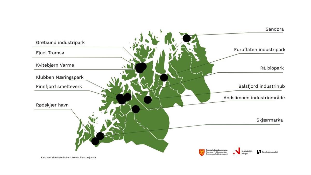Kartutsnitt som viser Troms fylke og plassering av huber for industriell symbiose og sikrulære verdikjeder. Illustrasjon. - Klikk for stort bilde